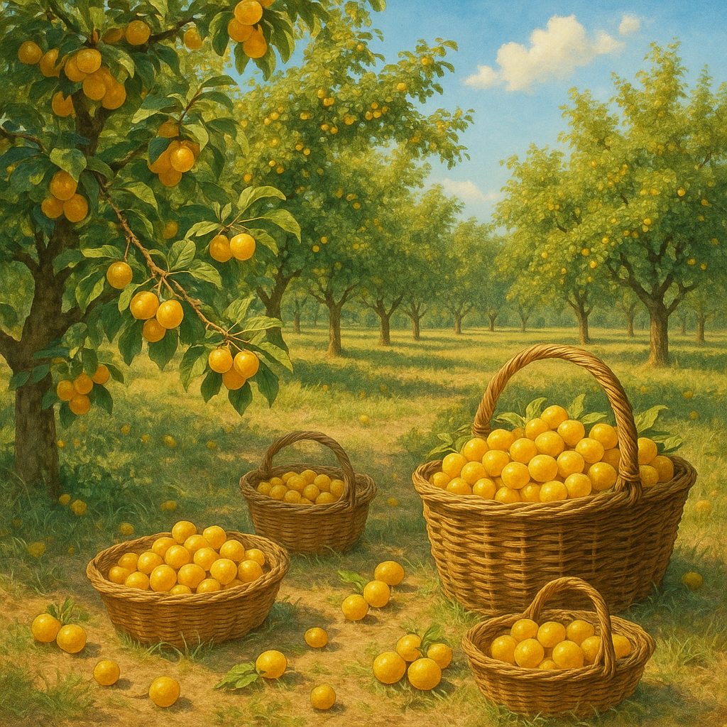 Récolte de mirabelles dorées en août dans un verger français