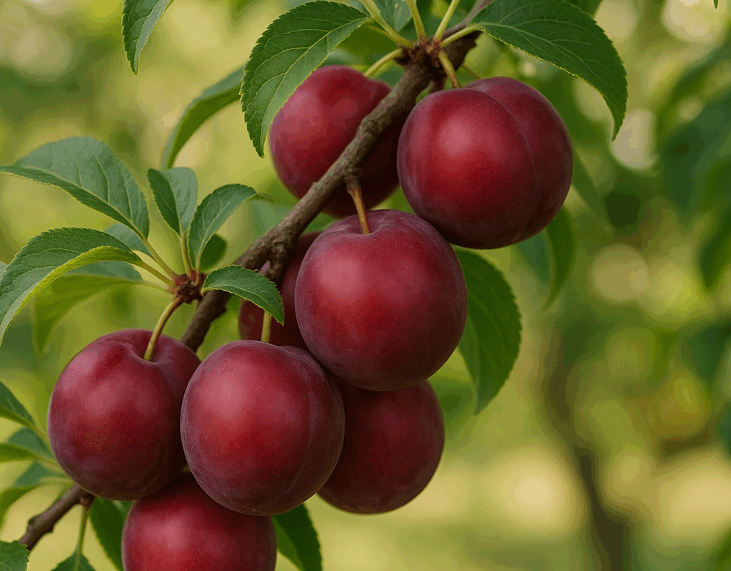 Prunes rouges mûres sur une branche d'arbre