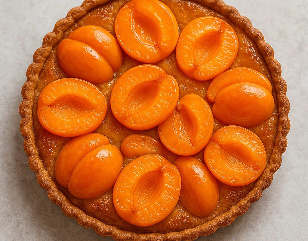 Tarte aux abricots dorée avec des abricots frais français disposés en rosace