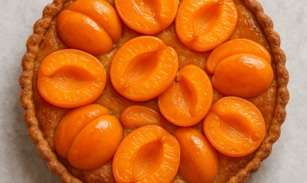 Tarte aux abricots dorée avec des abricots frais français disposés en rosace
