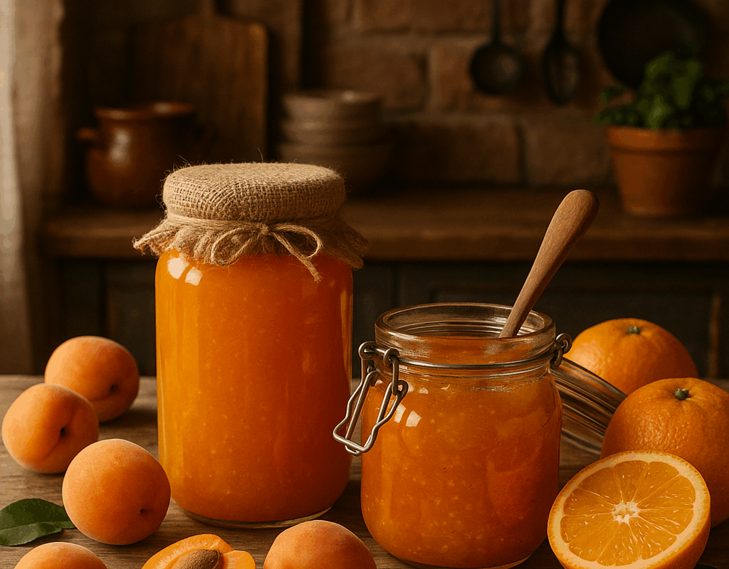 Abricots mûrs et pots de confiture pour préparation artisanale