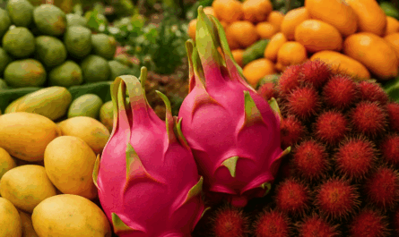 Étal de marché tropical avec mangues, pitaya et ramboutan frais