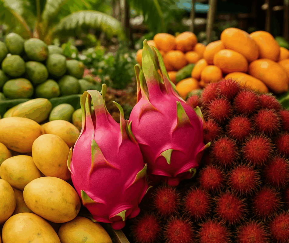 Étal de marché tropical avec mangues, pitaya et ramboutan frais