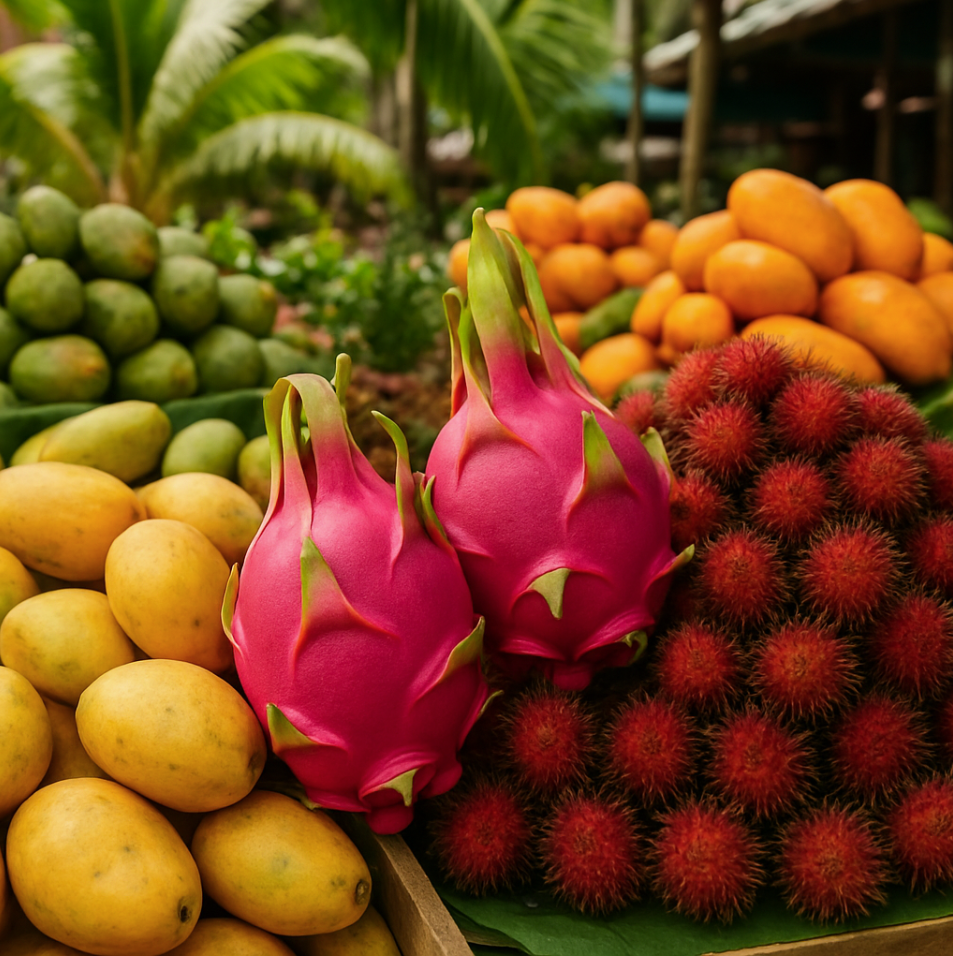 Étal de marché tropical avec mangues, pitaya et ramboutan frais