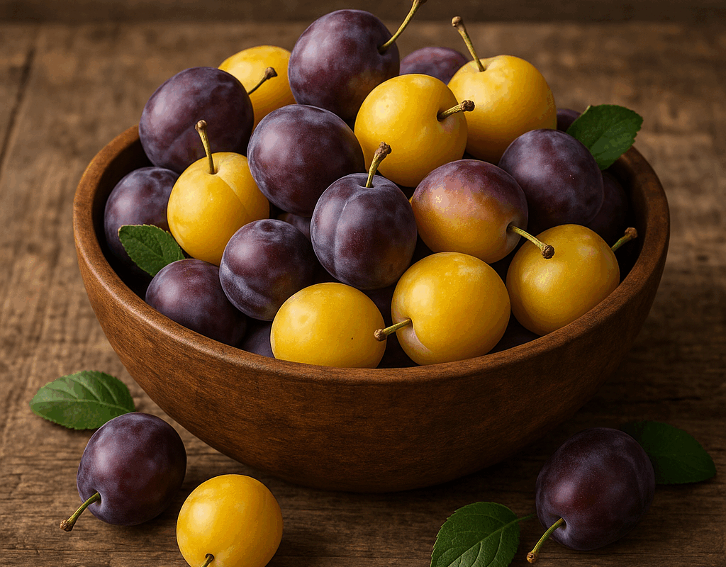 Prunes fraîches de différentes variétés dans un bol en bois