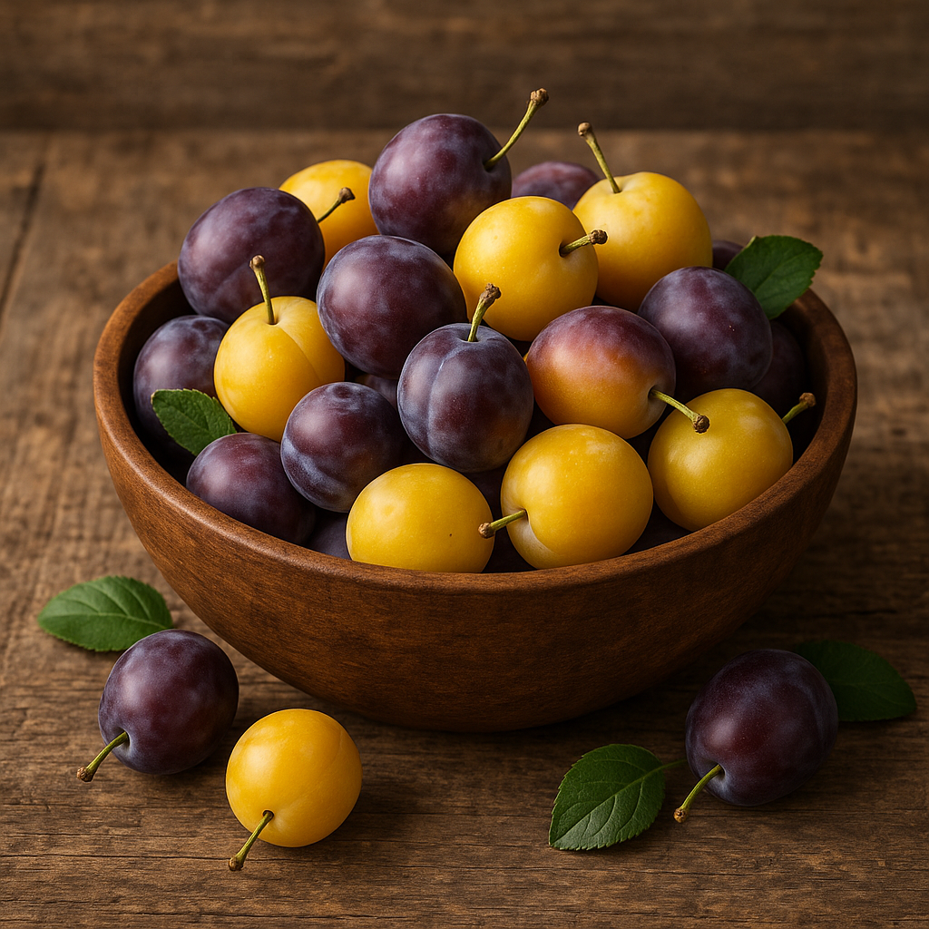 Prunes fraîches de différentes variétés dans un bol en bois