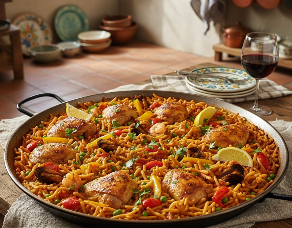 découvrez la recette authentique de fideuá au poulet, un plat traditionnel espagnol savoureux pour voyager en espagne sans quitter votre cuisine. facile à préparer et pleine de saveurs méditerranéennes !
