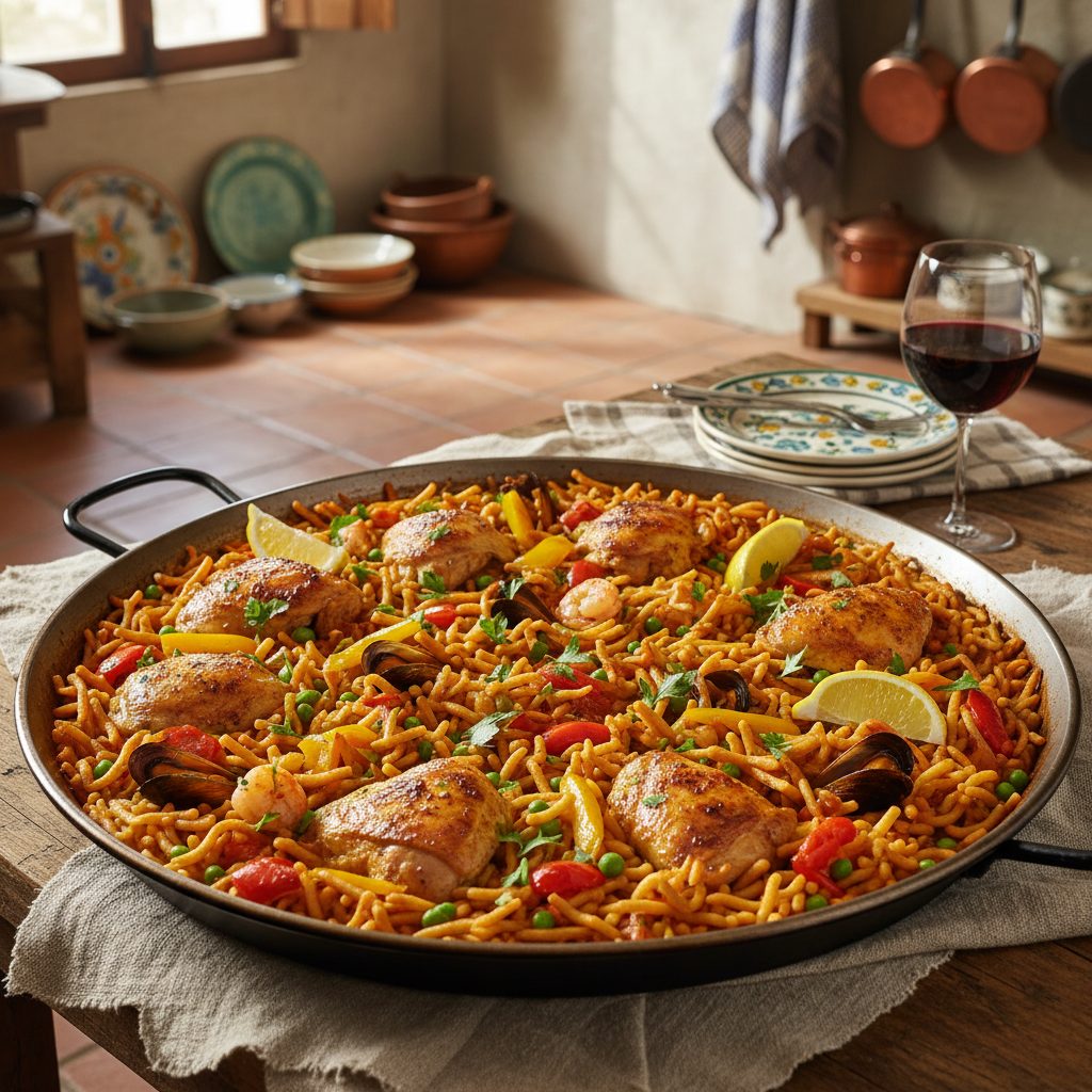 découvrez la recette authentique de fideuá au poulet, un plat traditionnel espagnol savoureux pour voyager en espagne sans quitter votre cuisine. facile à préparer et pleine de saveurs méditerranéennes !