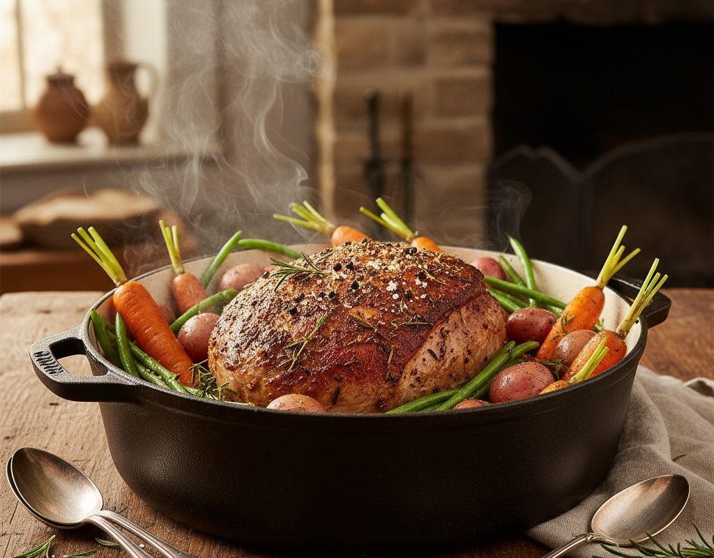 découvrez notre recette savoureuse de rouelle de porc en cocotte, mijotée avec de délicieux légumes du jardin. une préparation facile pour un plat familial, tendre et parfumé, parfait pour régaler vos convives.