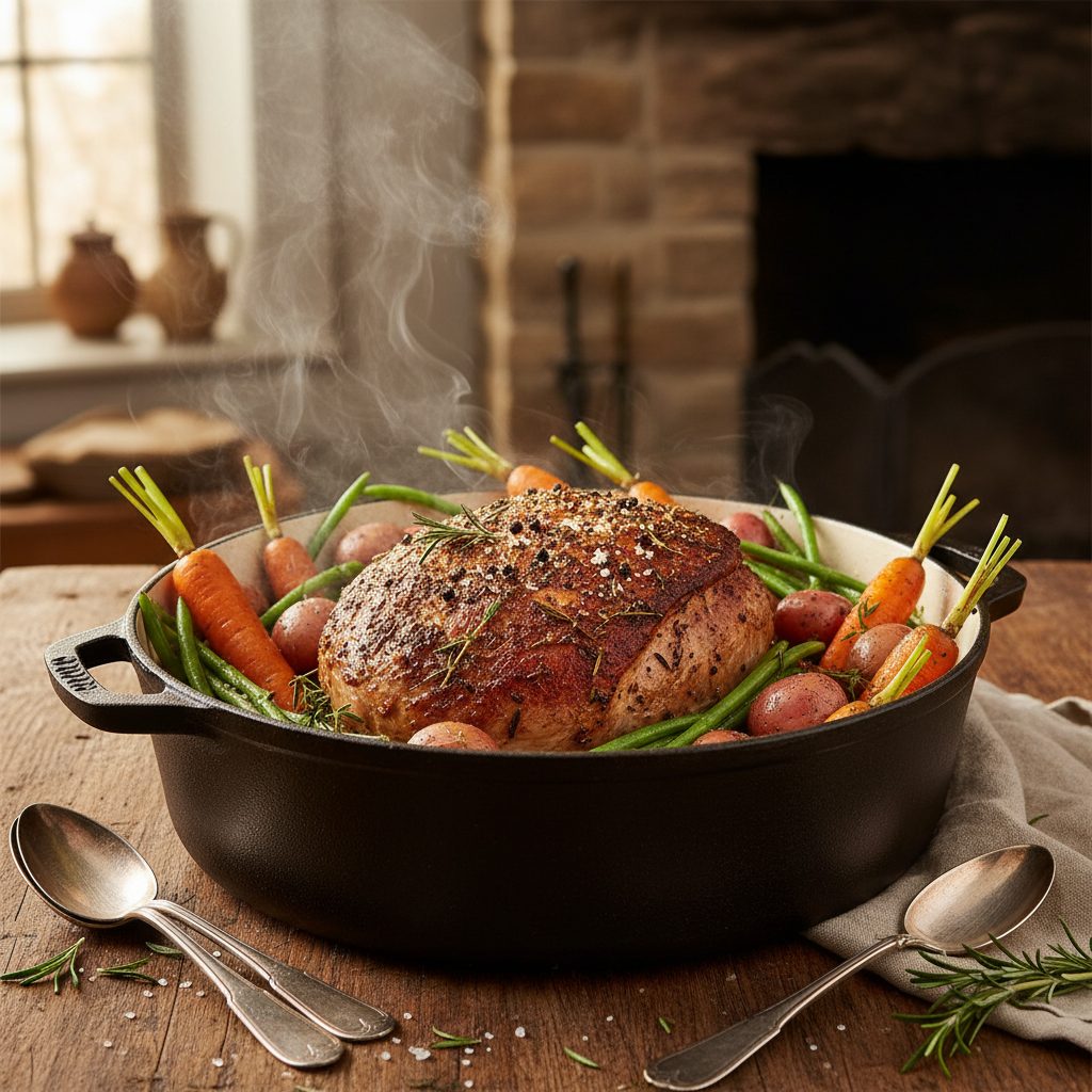 découvrez notre recette savoureuse de rouelle de porc en cocotte, mijotée avec de délicieux légumes du jardin. une préparation facile pour un plat familial, tendre et parfumé, parfait pour régaler vos convives.