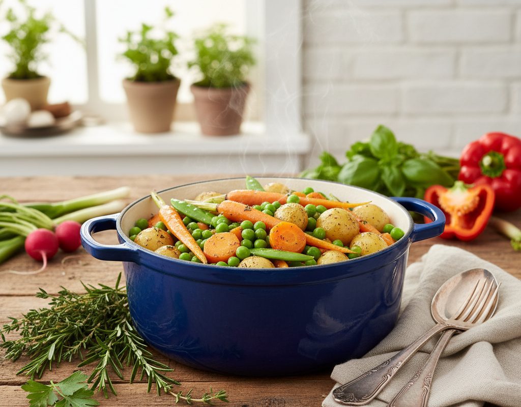 découvrez notre recette printanière de petits pois, carottes et pommes de terre cuisinés en cocotte : un plat savoureux, facile et sain, parfait pour accompagner vos repas de saison.