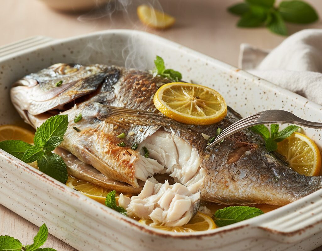 découvrez notre recette simple de dorade grise au four, sublimée par des saveurs fraîches de menthe et de citron pour un plat léger et parfumé.