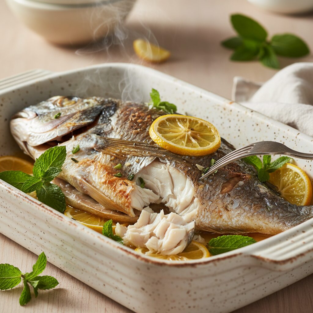 découvrez notre recette simple de dorade grise au four, sublimée par des saveurs fraîches de menthe et de citron pour un plat léger et parfumé.