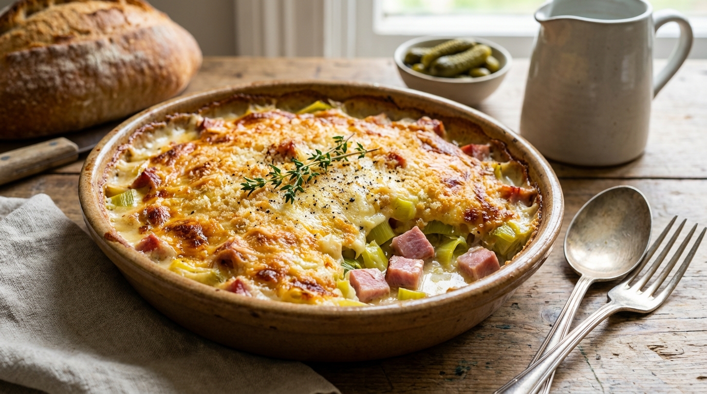 découvrez une recette facile et savoureuse de gratin de poireaux et jambon, un plat complet et familial parfait pour un repas convivial.
