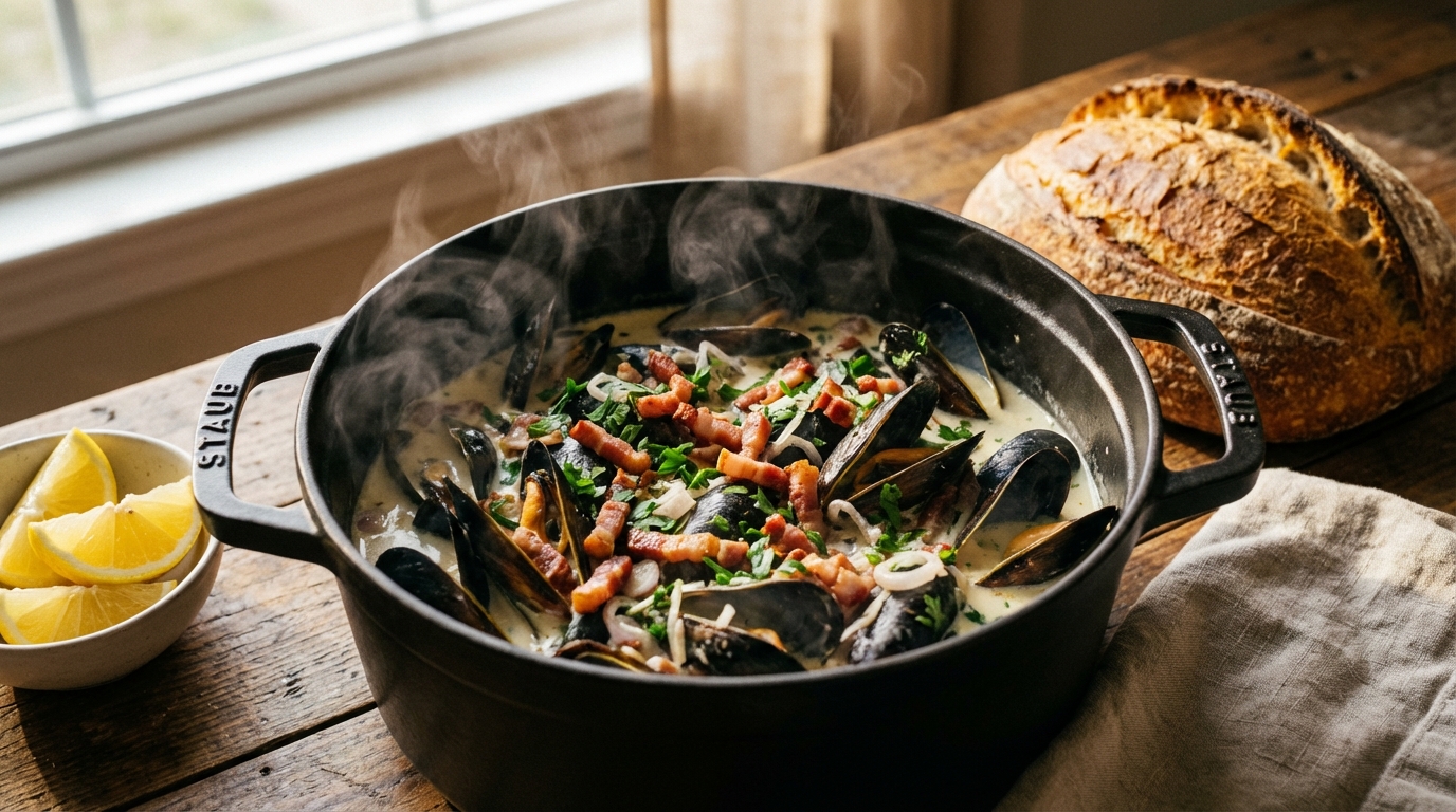 découvrez la recette savoureuse des moules à la crème et lardons, un délicieux mélange terre et mer facile à préparer pour régaler toute la famille.