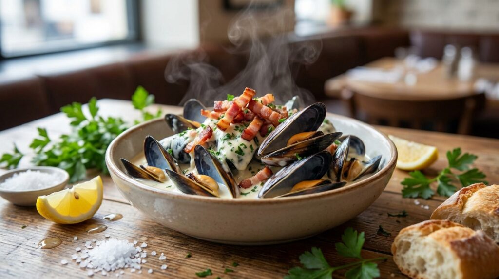 découvrez notre délicieuse recette de moules à la crème et lardons, un savoureux mélange terre et mer pour un plat gourmand et facile à préparer.