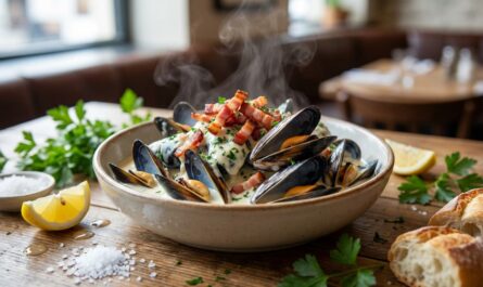 découvrez notre délicieuse recette de moules à la crème et lardons, un savoureux mélange terre et mer pour un plat gourmand et facile à préparer.