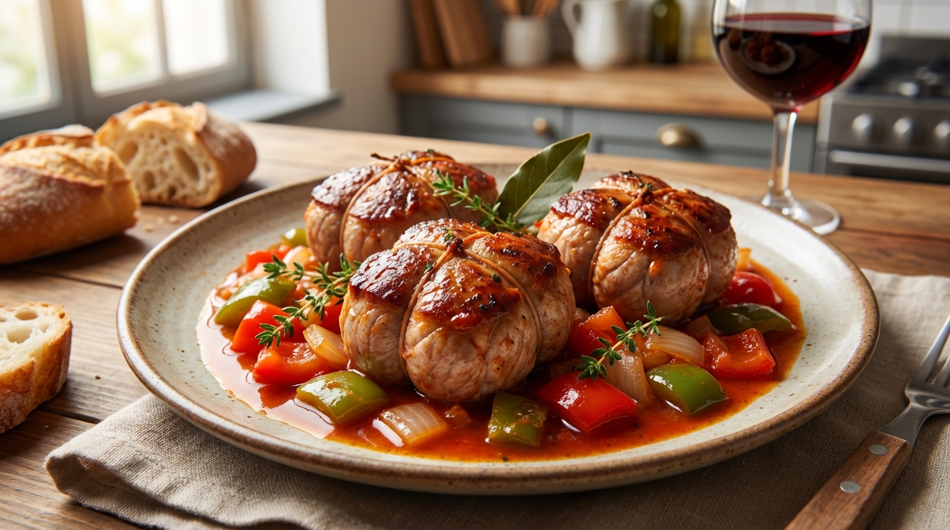 découvrez la recette des paupiettes de porc façon basquaise, mijotées dans une sauce tomate savoureuse aux poivrons pour un plat traditionnel et gourmand.