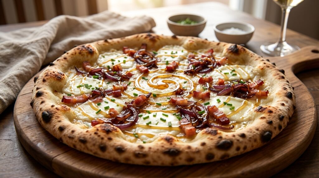 découvrez la recette délicieuse de pizza crème, bacon, chèvre et miel pour une parfaite alliance sucrée-salée qui ravira vos papilles.
