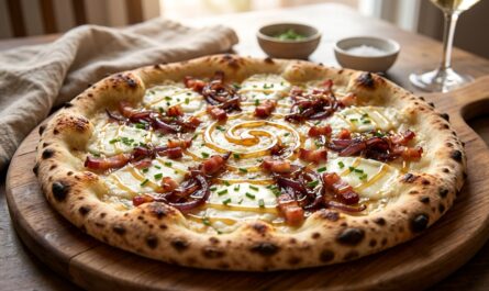 découvrez la recette délicieuse de pizza crème, bacon, chèvre et miel pour une parfaite alliance sucrée-salée qui ravira vos papilles.