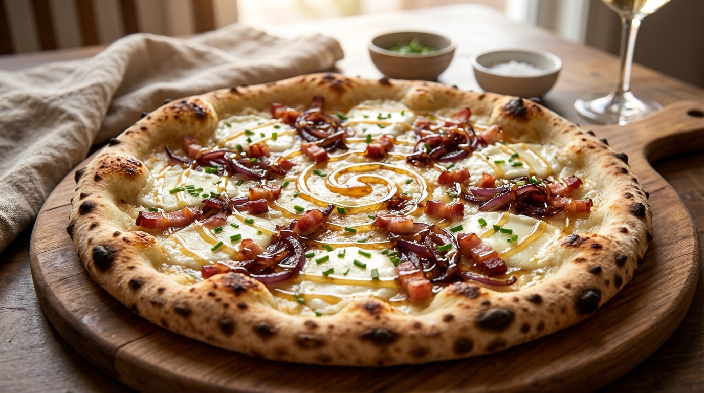 découvrez la recette délicieuse de pizza crème, bacon, chèvre et miel pour une parfaite alliance sucrée-salée qui ravira vos papilles.