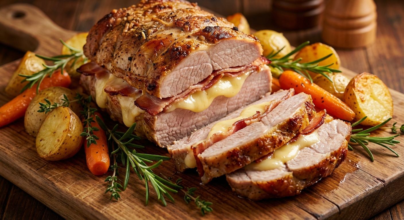 découvrez notre recette savoureuse de rôti orloff, préparée avec du veau ou du porc, garnie de bacon croustillant et de fromage fondu pour un plat réconfortant et gourmand.