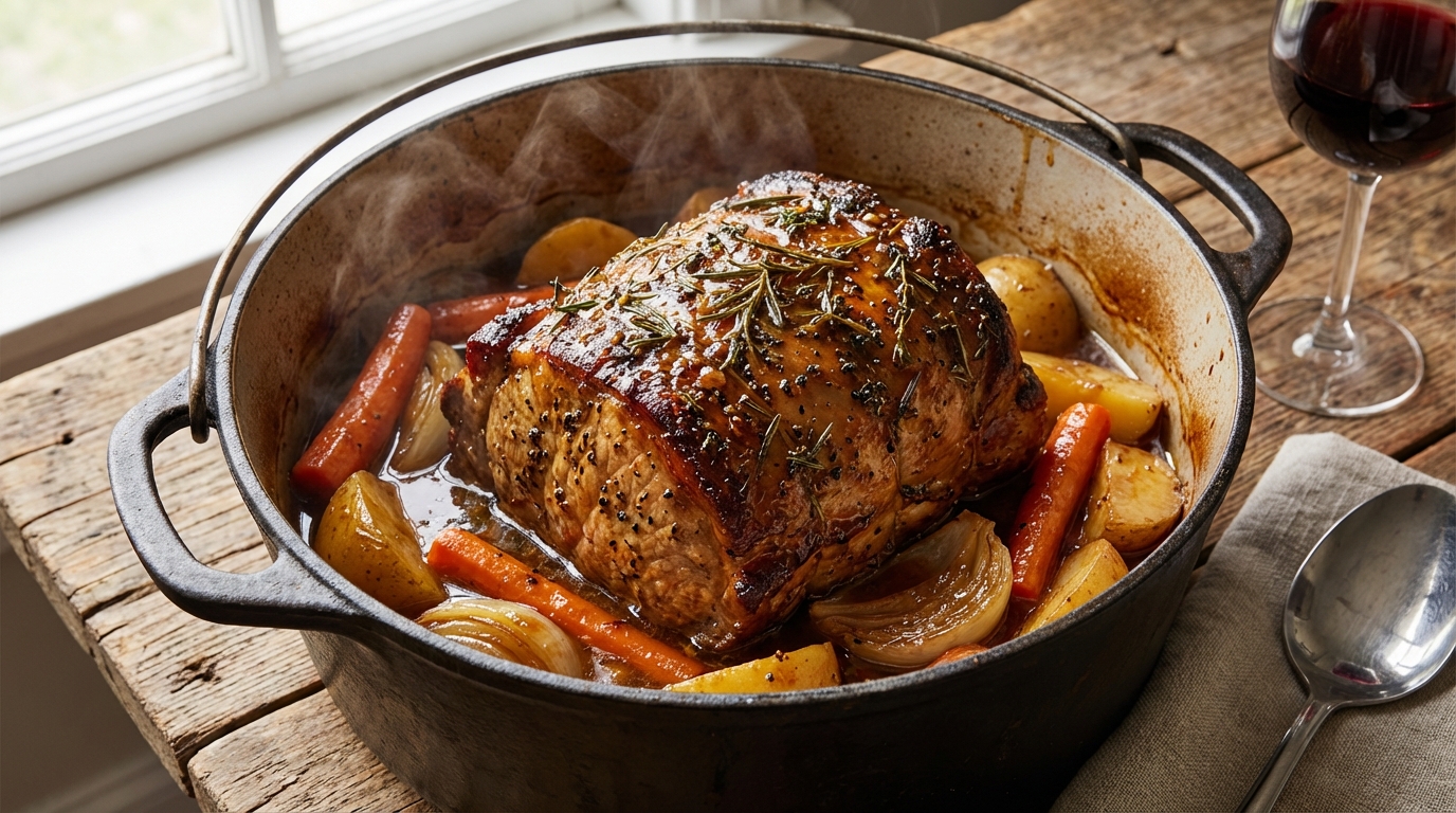 découvrez notre recette de rôti de porc en cocotte, mijoté doucement pour une viande tendre et savoureuse, parfaite pour un repas convivial.