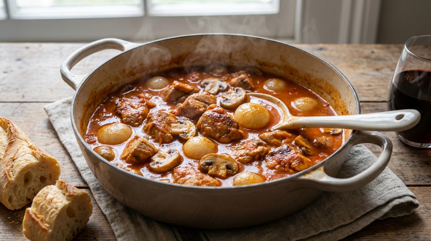 découvrez notre recette de sauté de dinde marengo, un délicieux mijoté aux tomates et vin blanc, parfait pour un repas savoureux et convivial.