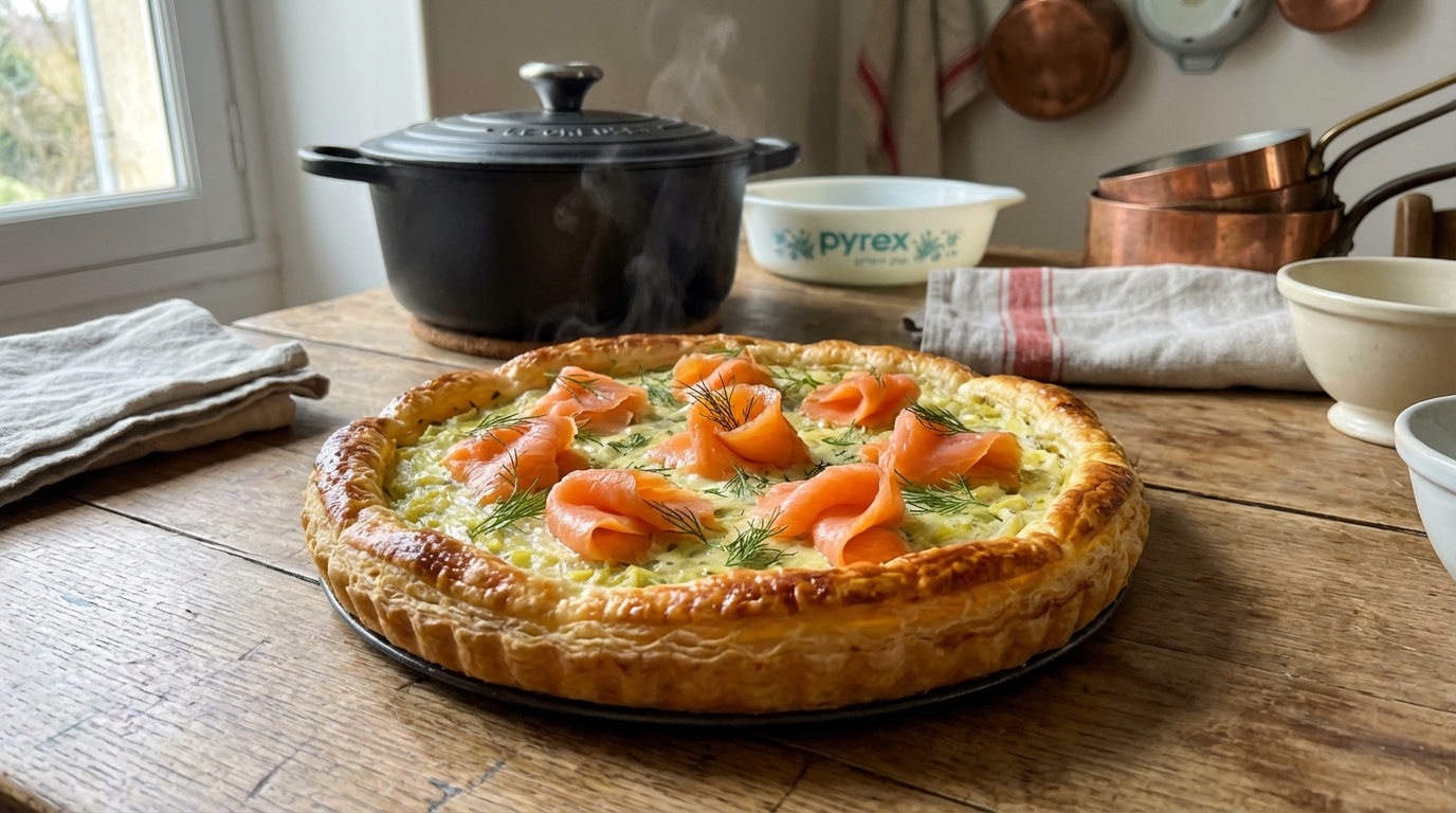 découvrez la recette facile de la tarte aux poireaux et saumon fumé avec une pâte croustillante pour un plat savoureux et gourmand.