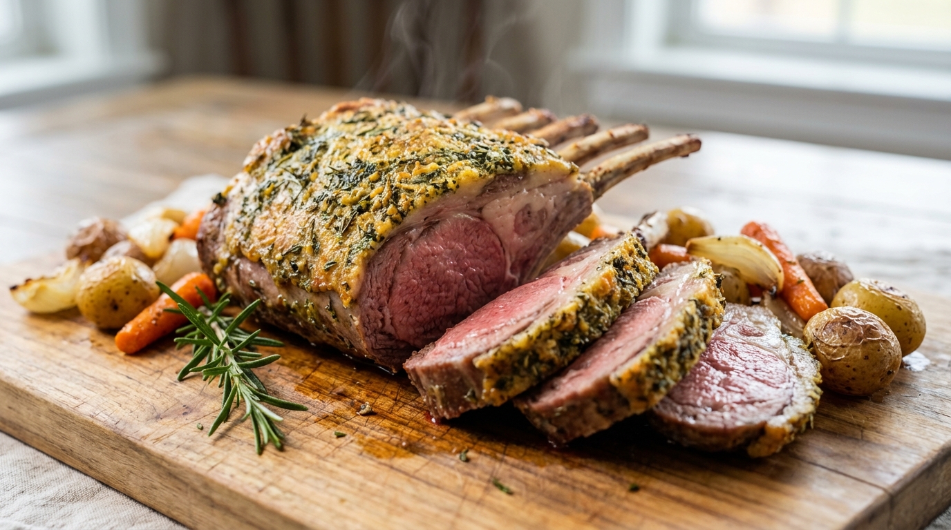 découvrez notre recette facile de carré d'agneau rôti à la cuisson rosée, sublimé par une croûte d'herbes aromatiques pour un plat savoureux et tendre.