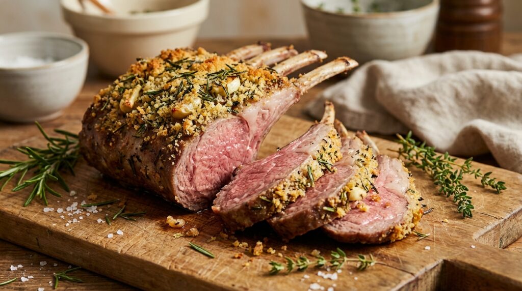 découvrez notre recette de carré d'agneau rôti, savoureuse cuisson rosée et croûte d'herbes parfumée pour un plat tendre et gourmand.