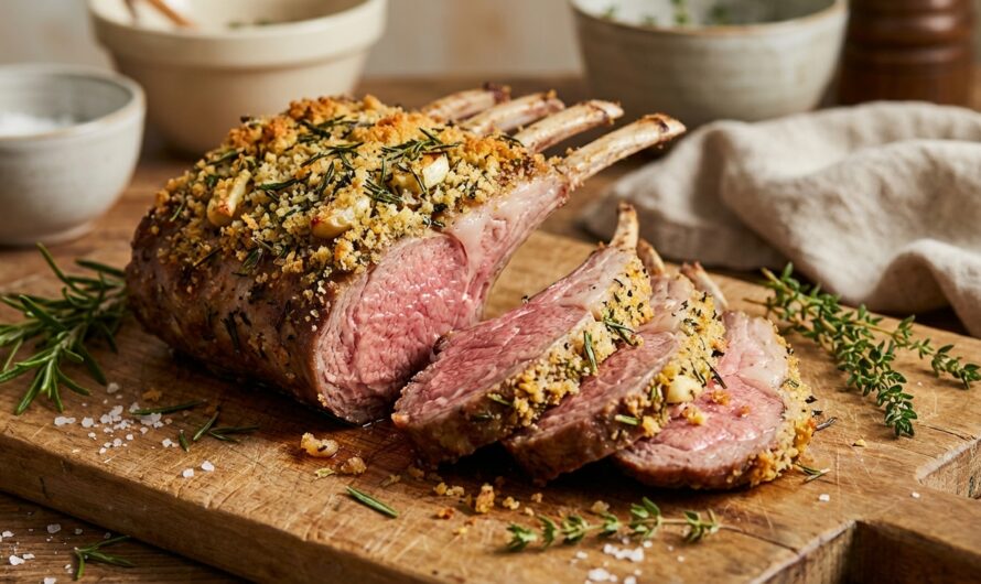 Recette Carré d&rsquo;agneau rôti : cuisson rosée et croûte d&rsquo;herbes