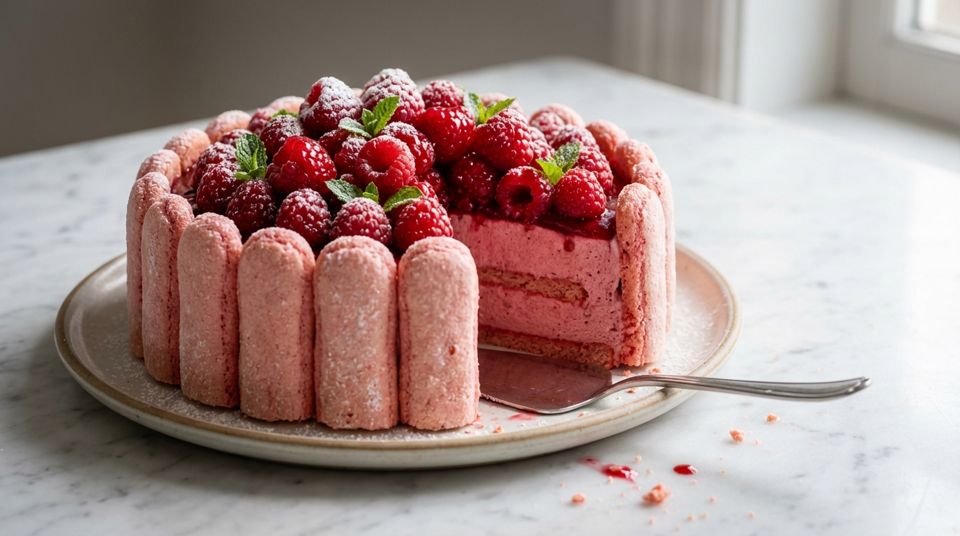 découvrez la recette facile de la charlotte aux framboises, avec une mousse légère et des biscuits roses pour un dessert frais et gourmand.