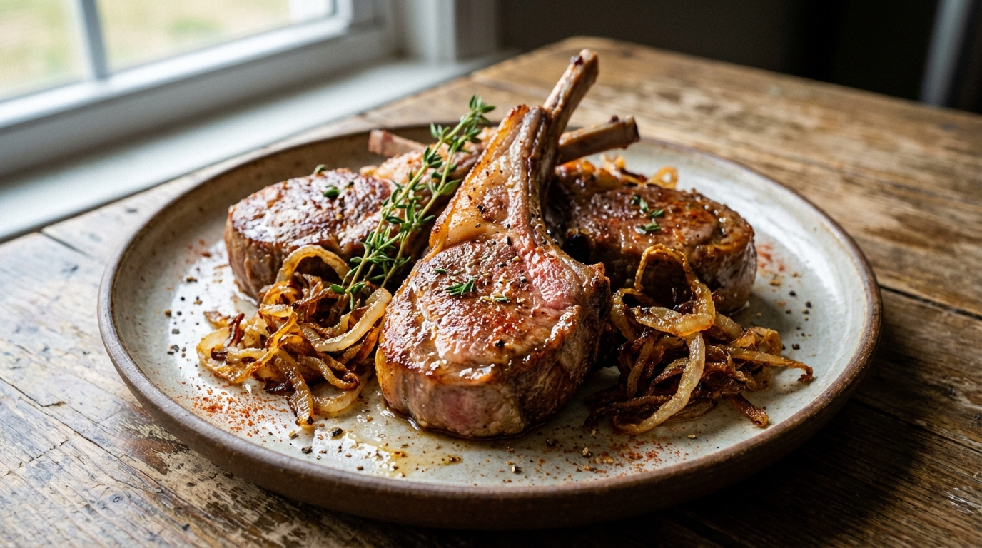 découvrez notre recette savoureuse de côtelettes d'agneau accompagnées d'oignons frits, de thym aromatique et d'un mélange d'épices pour un plat plein de caractère et de gourmandise.