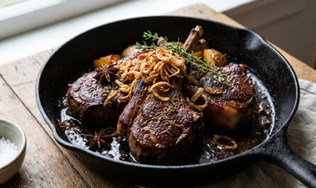 découvrez une délicieuse recette de côtelettes d'agneau accompagnées d'oignons frits, de thym frais et d'un mélange d'épices savoureux pour un repas parfumé et gourmand.