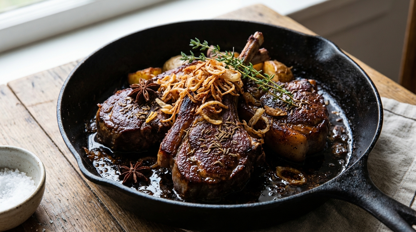 découvrez une délicieuse recette de côtelettes d'agneau accompagnées d'oignons frits, de thym frais et d'un mélange d'épices savoureux pour un repas parfumé et gourmand.
