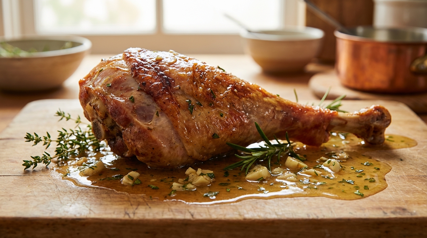 découvrez une recette facile et délicieuse de cuisse de dinde au four, moelleuse et savoureuse, mijotée au vin blanc pour un plat tendre et parfumé.