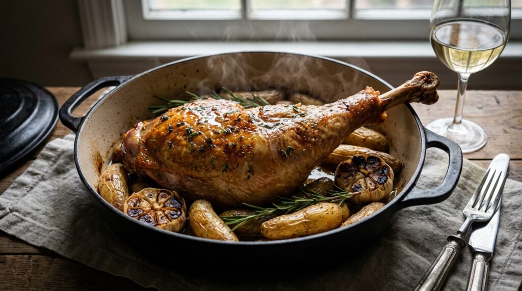 découvrez notre recette facile de cuisse de dinde au four, moelleuse et savoureuse grâce à une cuisson au vin blanc pour un plat tendre et parfumé.