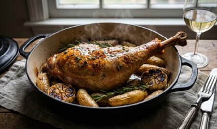 découvrez notre recette facile de cuisse de dinde au four, moelleuse et savoureuse grâce à une cuisson au vin blanc pour un plat tendre et parfumé.