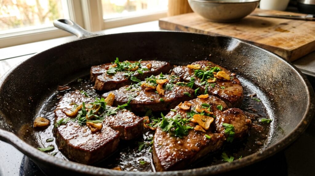 découvrez une délicieuse recette de foie de veau persillé à la poêle, relevée avec ail et persil frais pour un plat savoureux et simple à préparer.