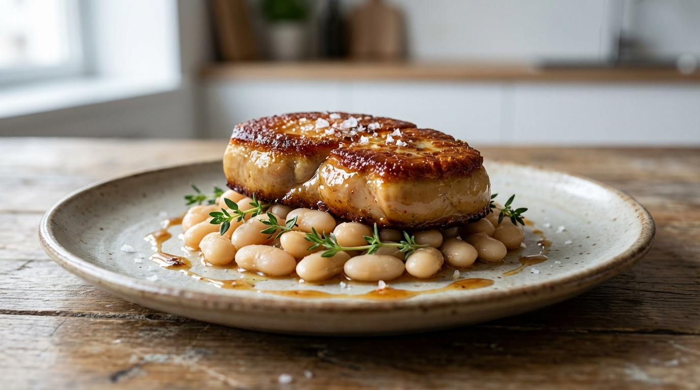 découvrez une recette gourmande de foie gras de canard poêlé accompagné d'haricots blancs mijotés au thym, pour un plat raffiné et savoureux.