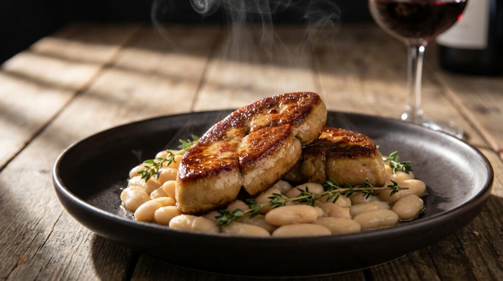 découvrez une recette raffinée de foie gras de canard poêlé accompagné de haricots blancs mijotés au thym, pour un plat savoureux et élégant.