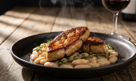 découvrez une recette raffinée de foie gras de canard poêlé accompagné de haricots blancs mijotés au thym, pour un plat savoureux et élégant.