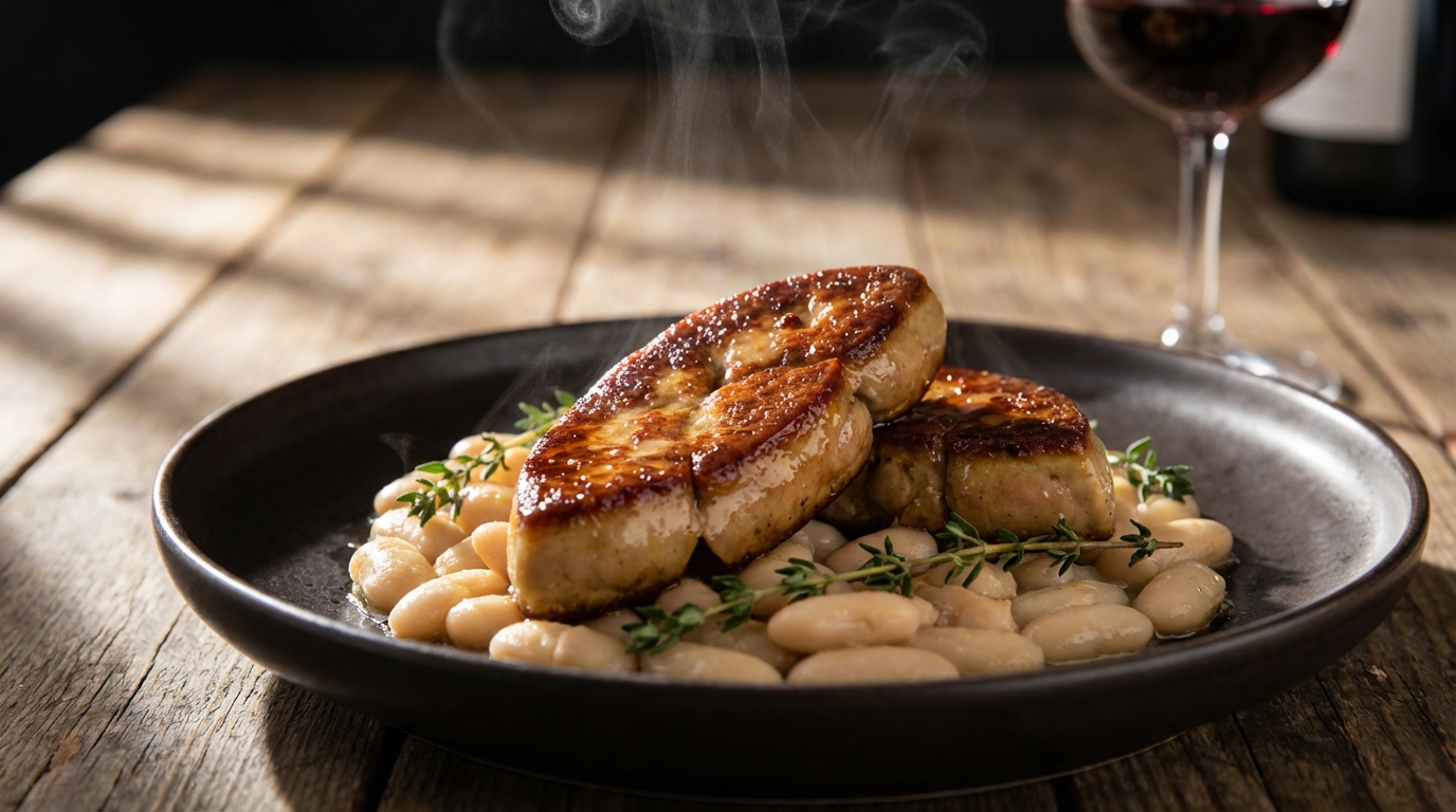 découvrez une recette raffinée de foie gras de canard poêlé accompagné de haricots blancs mijotés au thym, pour un plat savoureux et élégant.