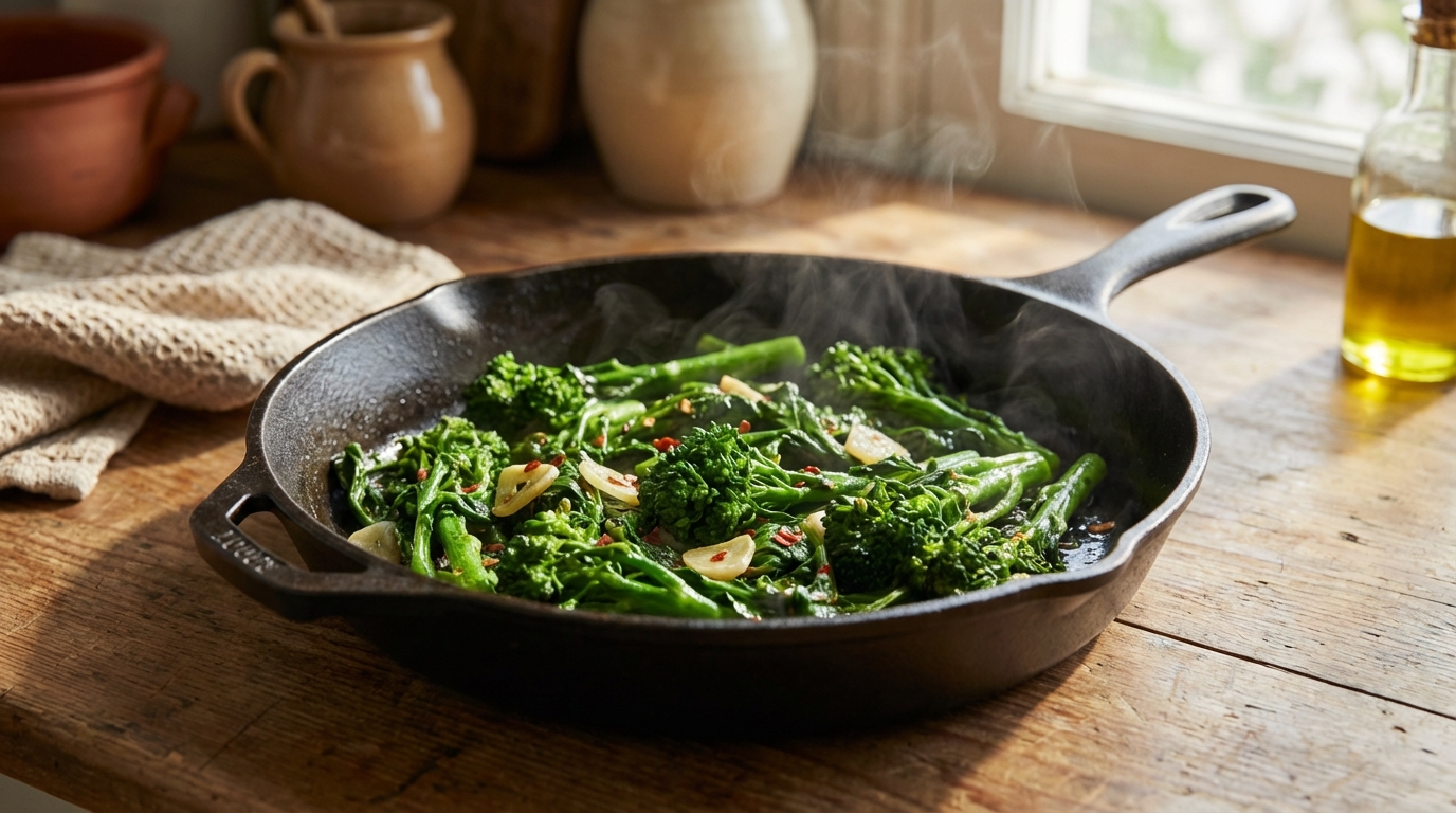 découvrez notre recette simple et savoureuse de friarielli à la poêle, les brocolis-raves italiens, pour un plat traditionnel plein de goût.