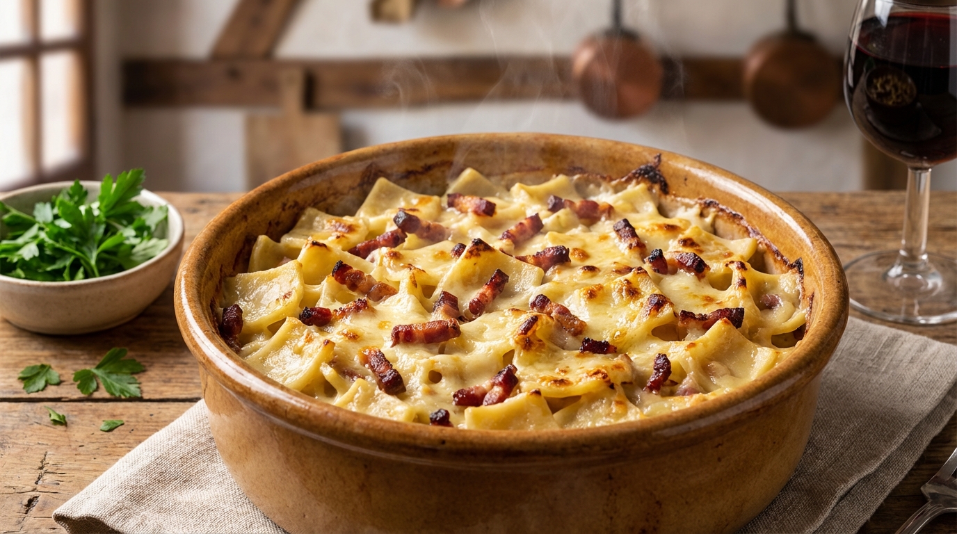 découvrez notre recette facile et savoureuse de gratin de crozets de savoie, alliant fromage fondant et lardons croustillants pour un plat réconfortant.