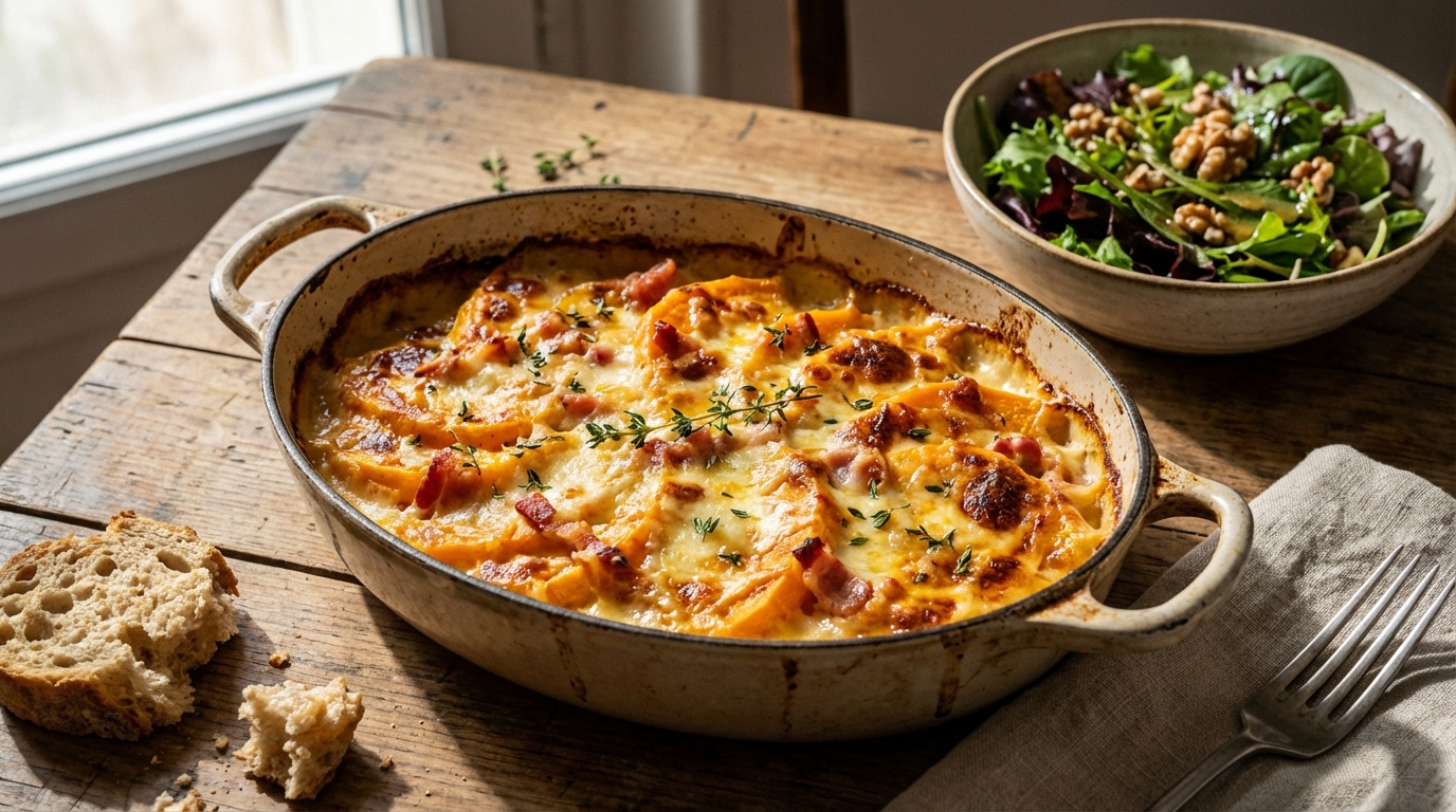 découvrez notre recette facile de gratin de potimarron aux lardons, un plat d'automne savoureux et complet, idéal pour réchauffer vos soirées.
