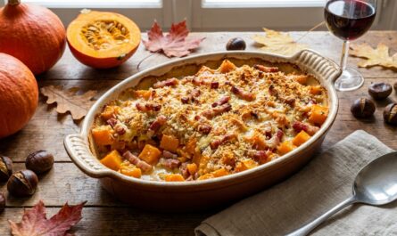 découvrez notre recette facile et savoureuse de gratin de potimarron aux lardons, un plat d'automne complet et réconfortant parfait pour toute la famille.