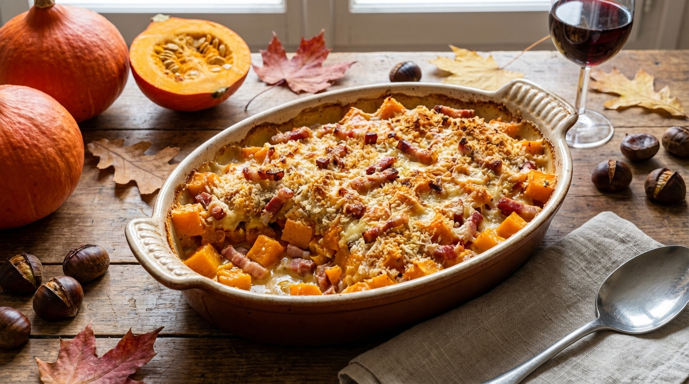 découvrez notre recette facile et savoureuse de gratin de potimarron aux lardons, un plat d'automne complet et réconfortant parfait pour toute la famille.