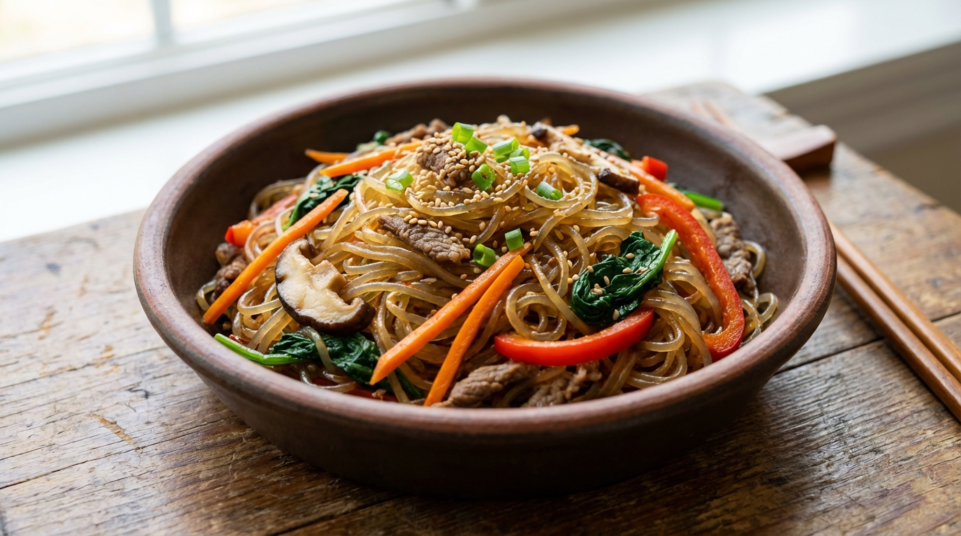 découvrez notre recette facile de japchae, les délicieuses nouilles de patate douce sautées à la coréenne, pleines de saveurs et de textures uniques.